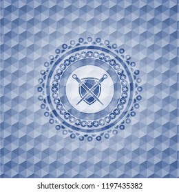 swords crossed with shield icon inside blue hexagon badge.