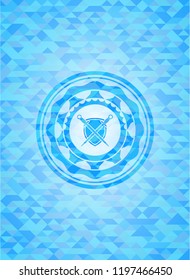 swords crossed with shield icon inside realistic sky blue mosaic emblem