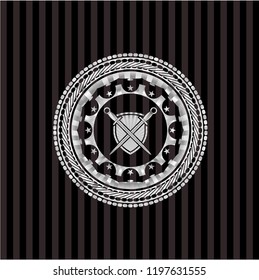 swords crossed with shield icon inside silver badge or emblem