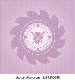 swords crossed with shield icon inside retro pink emblem