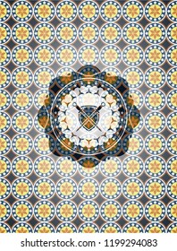 swords crossed with shield icon inside arabesque emblem. arabic decoration.