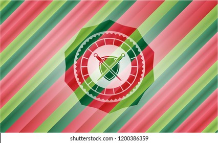 swords crossed with shield icon inside christmas colors style badge.