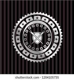 swords crossed with shield icon inside silvery shiny emblem