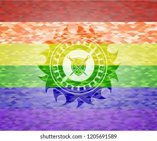 swords crossed with shield icon inside lgbt colors emblem 