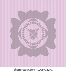 swords crossed with shield icon inside pink icon or emblem
