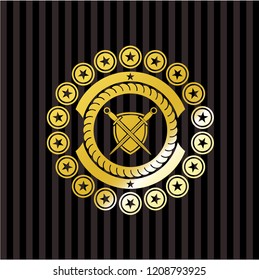 swords crossed with shield icon inside shiny emblem