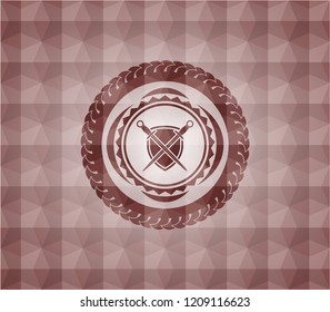 swords crossed with shield icon inside red seamless emblem or badge with abstract geometric pattern background.