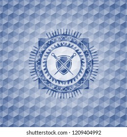 swords crossed with shield icon inside blue emblem with geometric background.