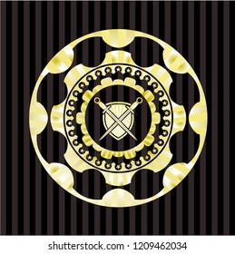 swords crossed with shield icon inside golden emblem or badge
