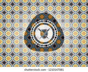 swords crossed with shield icon inside arabesque badge. arabic decoration.