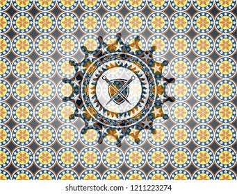swords crossed with shield icon inside arabic emblem. Arabesque decoration.