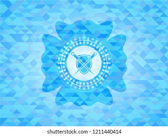 swords crossed with shield icon inside light blue emblem with triangle mosaic background
