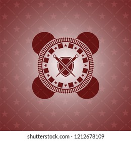 swords crossed with shield icon inside red emblem. Retro