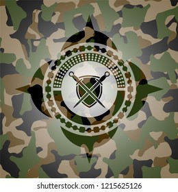 swords crossed with shield icon inside camouflage texture