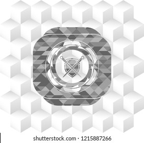 swords crossed with shield icon inside retro style grey emblem with geometric cube white background