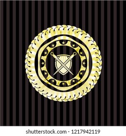 swords crossed with shield icon inside golden badge