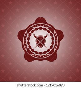 swords crossed with shield icon inside realistic red emblem