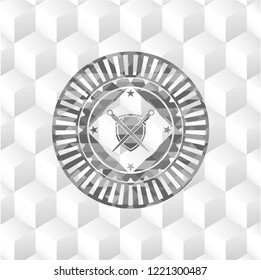 swords crossed with shield icon inside realistic grey emblem with geometric cube white background