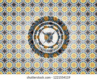 swords crossed with shield icon inside arabesque style badge. arabic decoration.