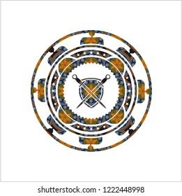 swords crossed with shield icon inside arabesque badge. arabic decoration.