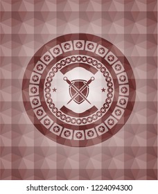 swords crossed with shield icon inside red seamless geometric badge.