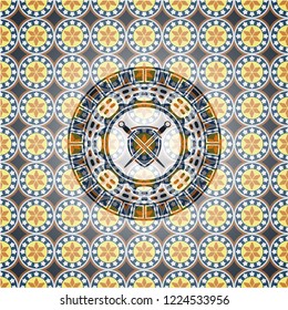 swords crossed with shield icon inside arabic style badge. Arabesque decoration.