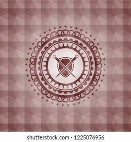 swords crossed with shield icon inside red geometric emblem. Seamless.