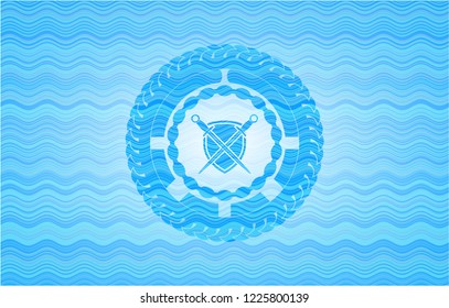 swords crossed with shield icon inside water representation badge.