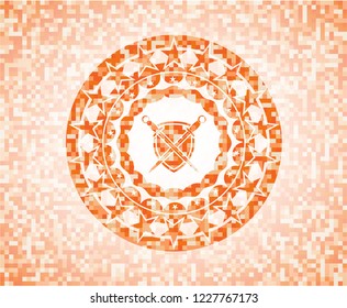 swords crossed with shield icon inside abstract emblem, orange mosaic background