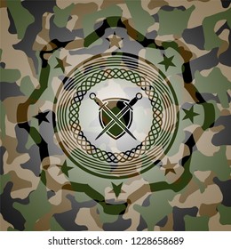 swords crossed with shield icon inside camo texture