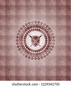 swords crossed with shield icon inside red seamless emblem with geometric pattern background.