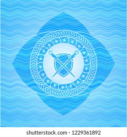 swords crossed with shield icon inside water emblem background.
