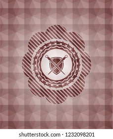 swords crossed with shield icon inside red seamless geometric badge.