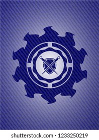 swords crossed with shield icon inside emblem with jean texture