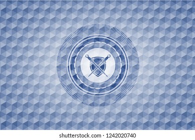 swords crossed with shield icon inside blue emblem with geometric pattern.
