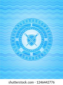 swords crossed with shield icon inside water wave concept style emblem.