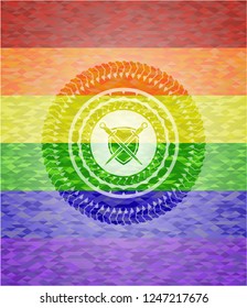 swords crossed with shield icon inside emblem on mosaic background with the colors of the LGBT flag