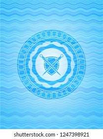swords crossed with shield icon inside water style emblem.
