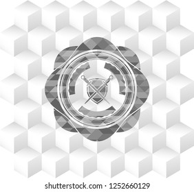 swords crossed with shield icon inside grey badge with geometric cube white background