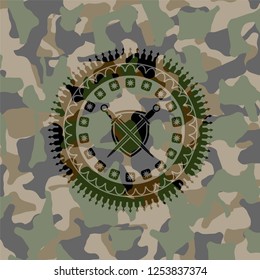 swords crossed with shield icon inside camouflage texture