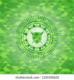 swords crossed with shield icon inside green emblem with mosaic background