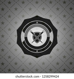 swords crossed with shield icon inside dark emblem