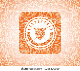 swords crossed with shield icon inside orange tile background illustration. Square geometric mosaic seamless pattern with emblem inside.