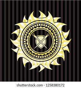 swords crossed with shield icon inside gold shiny badge