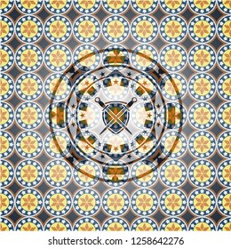 swords crossed with shield icon inside arabesque emblem. arabic decoration.