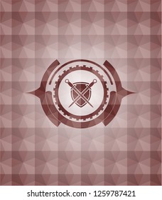 swords crossed with shield icon inside red seamless emblem with geometric background.