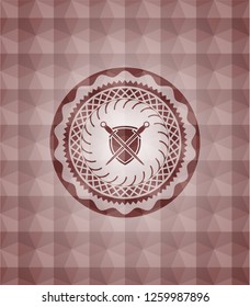 swords crossed with shield icon inside red seamless badge with geometric pattern background.