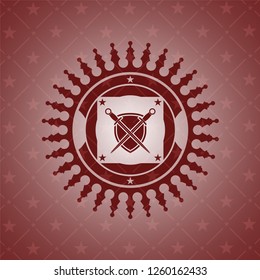 swords crossed with shield icon inside realistic red emblem