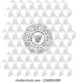 swords crossed with shield icon inside grey emblem. Vintage with geometric cube white background