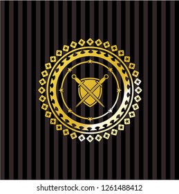 swords crossed with shield icon inside golden badge